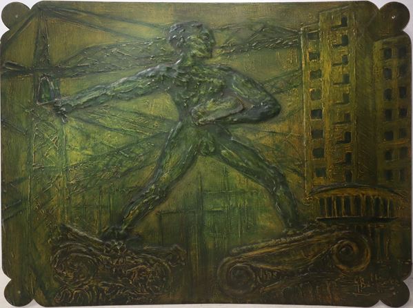 G. Belfiore - Panello decorativo raffigurante Uomo su colonne e gru nei toni del verde