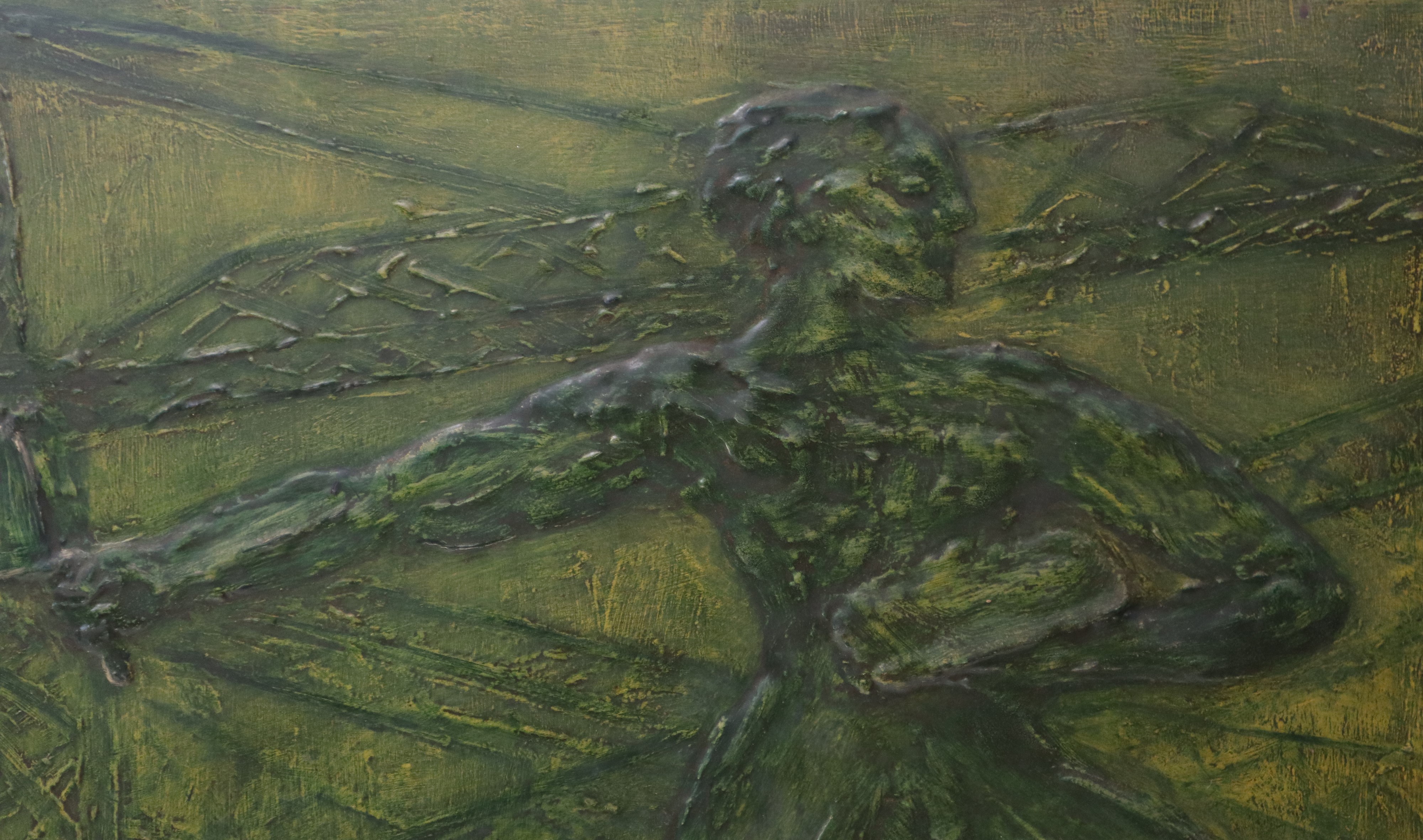 G. Belfiore - Panello Decorativo Raffigurante Uomo su Colonne e Gru nei Toni del Verde