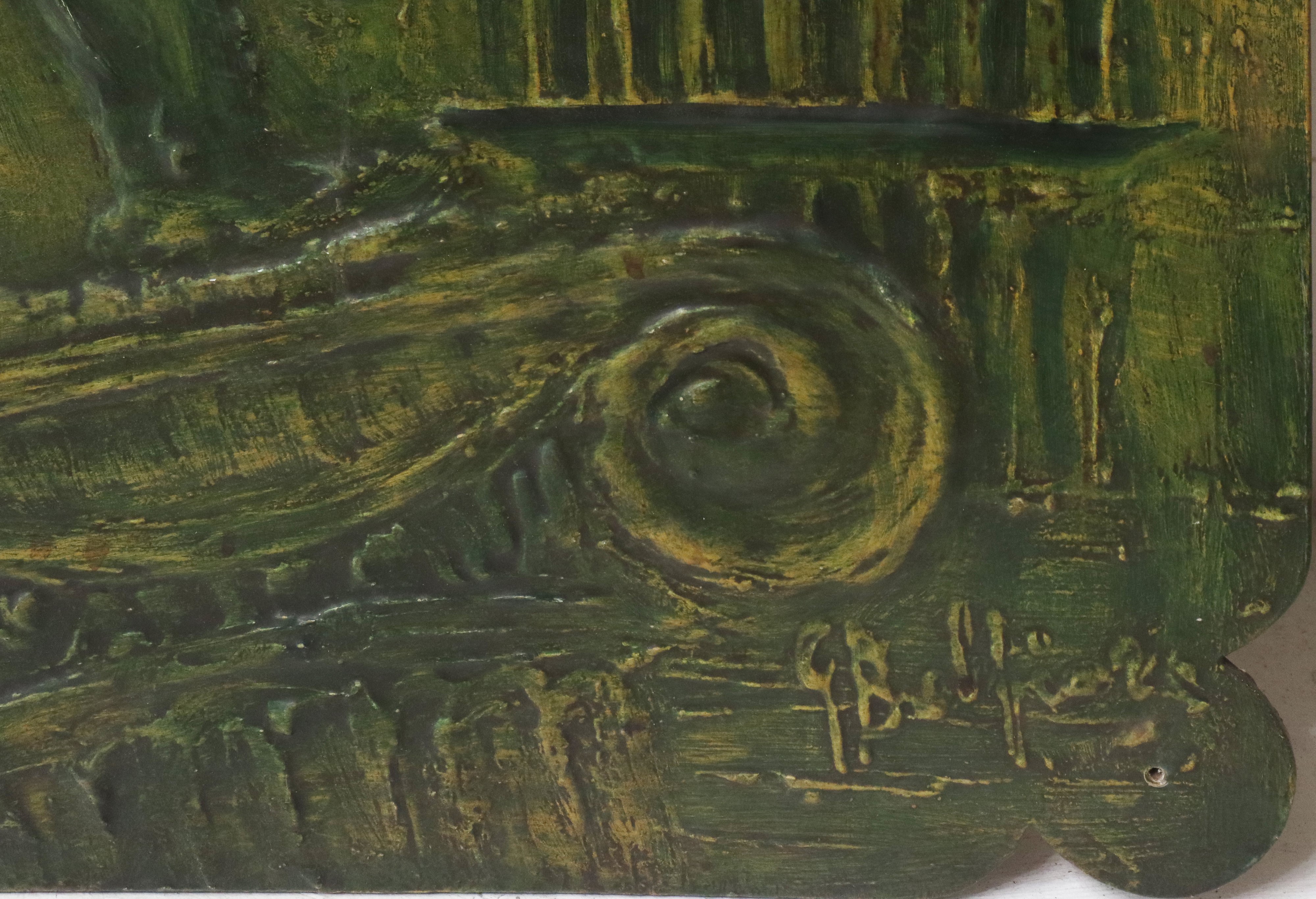 G. Belfiore - Panello Decorativo Raffigurante Uomo su Colonne e Gru nei Toni del Verde