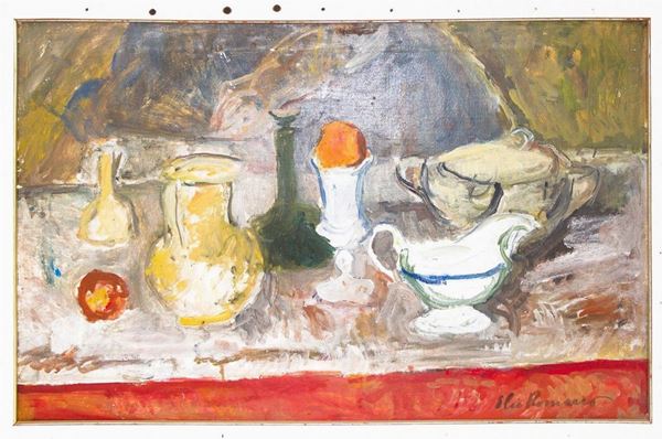 Dipinto ad olio su tela raffigurante natura morta con vasi, firmato in basso a destra Elio Romano (Trapani , 1909 - Catania, 1996). Cm 50x80