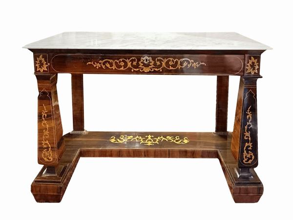 Console rosewood inlays and Perfili in orange wood, central drawer and with marble surface, front legs balustrade. Sicilia. Charles X, XIX century. 98. H cm 113x56 Cm. Very good condition