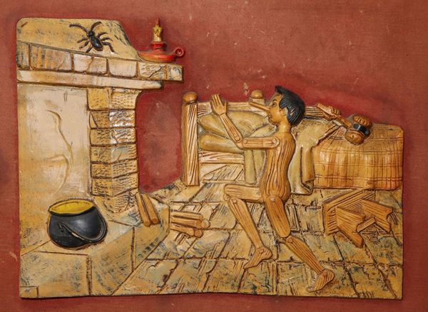 Relief painting Pinocchio and the cricket