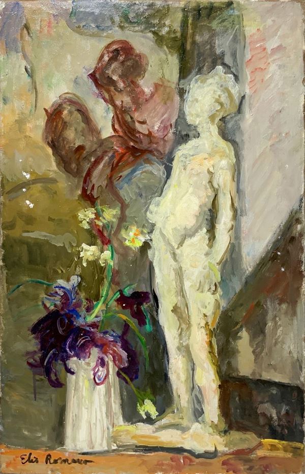 Elio Romano, dipinto ad olio su tela raffigurante natura morta con vaso di fiori. Firmato Elio Romano in basso a sinistra. Elio Romano (Trapani, 21 ... 