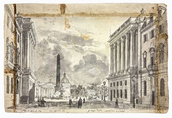 disegno  a china acquerellato grigio raffigurante Piazza della Concordia a Parigi. Recante scritta in basso da sinistra verso destra "M.A 1845. P. ... 