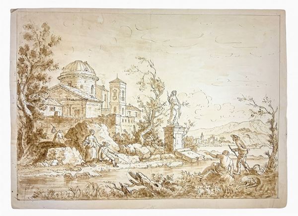 Design in China Brown watercolor on berred paper depicting river landscape on the Roman holes. XIX century, with ancient architecture. On the back ...