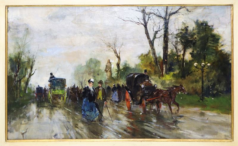 Viale con carrozze e personaggi