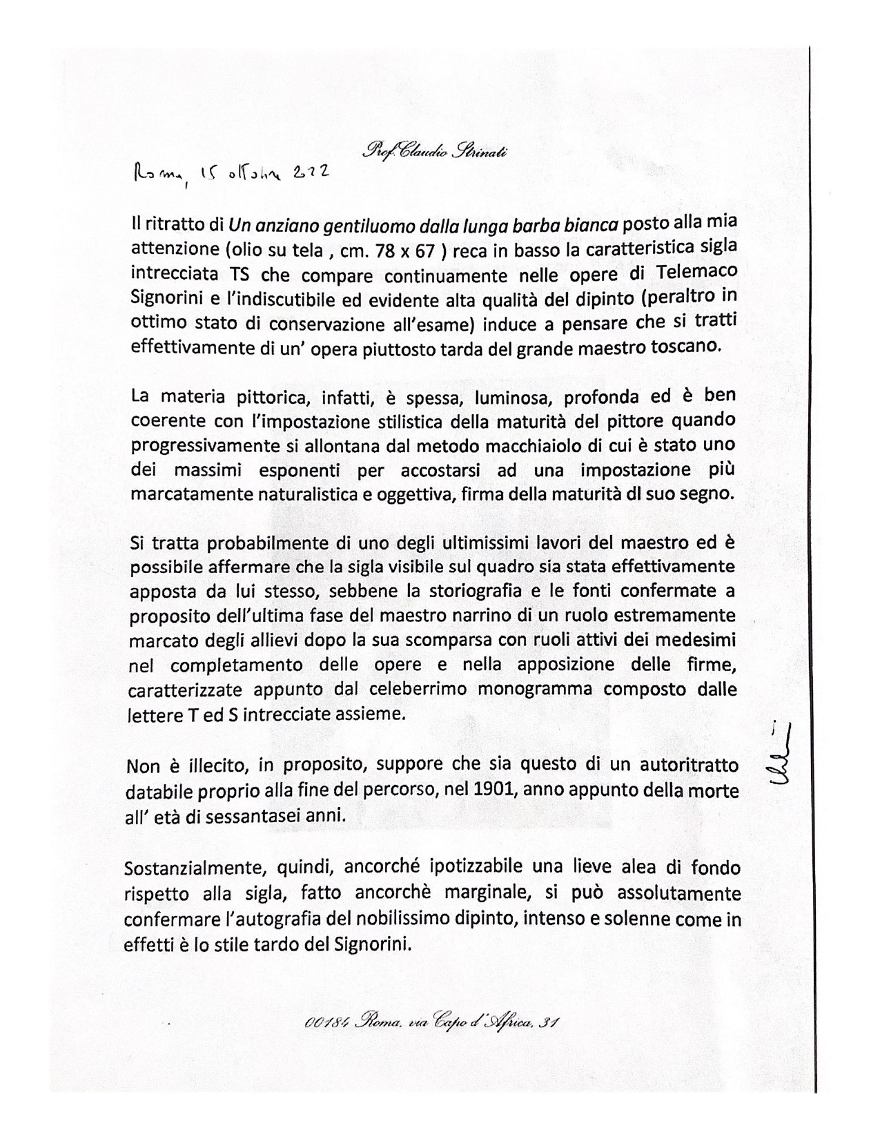 Ritratto di un Anziano Gentiluomo dalla Lunga Barba Bianca, Probabile Autoritratto di Telemaco Si...