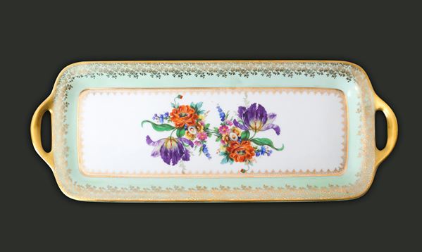 Limoges - Gilded tray with polychrome flowers