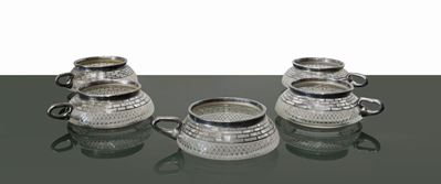Set di cinque salsiere in vetro con decorazioni in argento