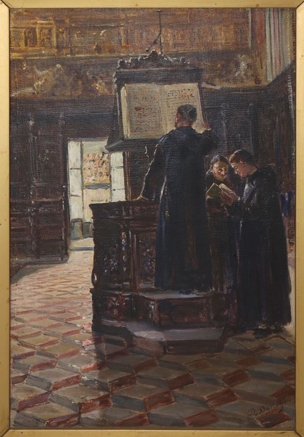 Domenico Battaglia - Interno di chiesa con preti sul pulpito