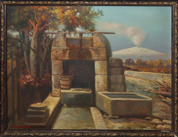 Michele Amoroso - Chiusa di acque con alberi e Etna sullo sfondo