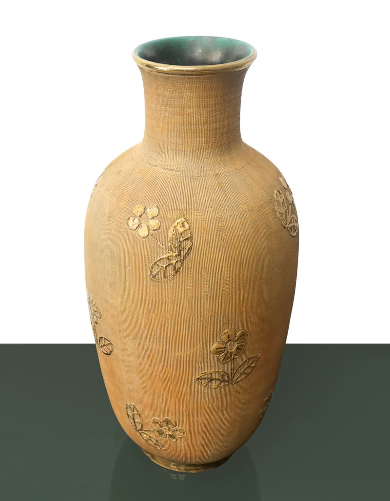 Ceramiche Zaccagnini - Vaso in Ceramica a Fondo Ocra Decorata in Rilievo a Fiori Dorati.