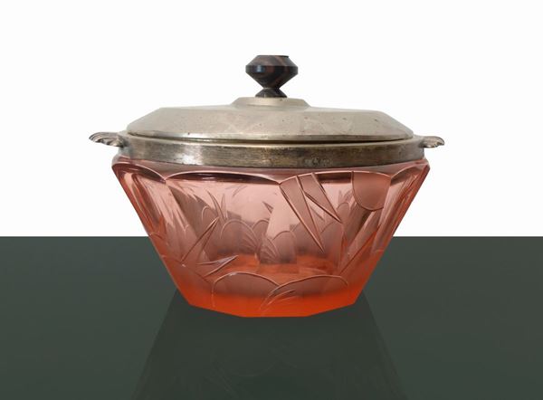 Argentiere  Filippo Chiappe - Pink crystal centerpiece with 900 silver lid, Filippo Chiappe silverware, Genoa
