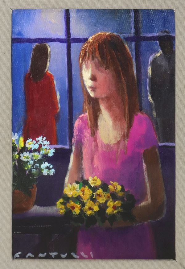 Eliano Fantuzzi - Girl with bouquet of daisies in hand