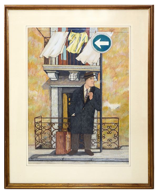 Man with Hat Leaning on a Railing