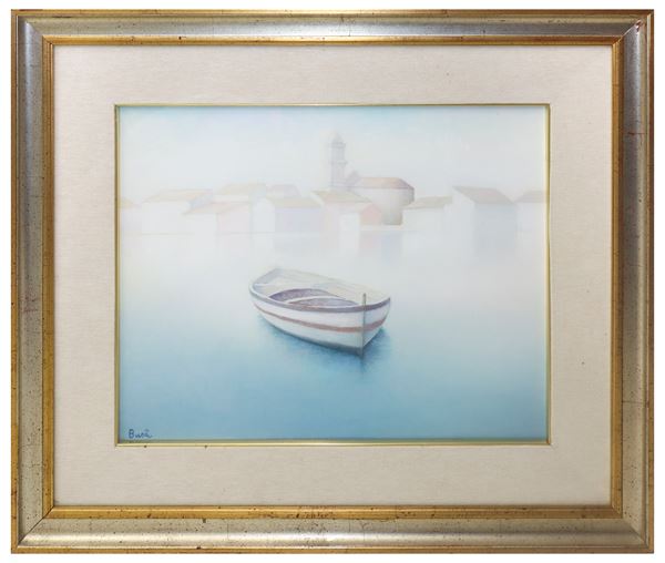 Boat in the sea with houses