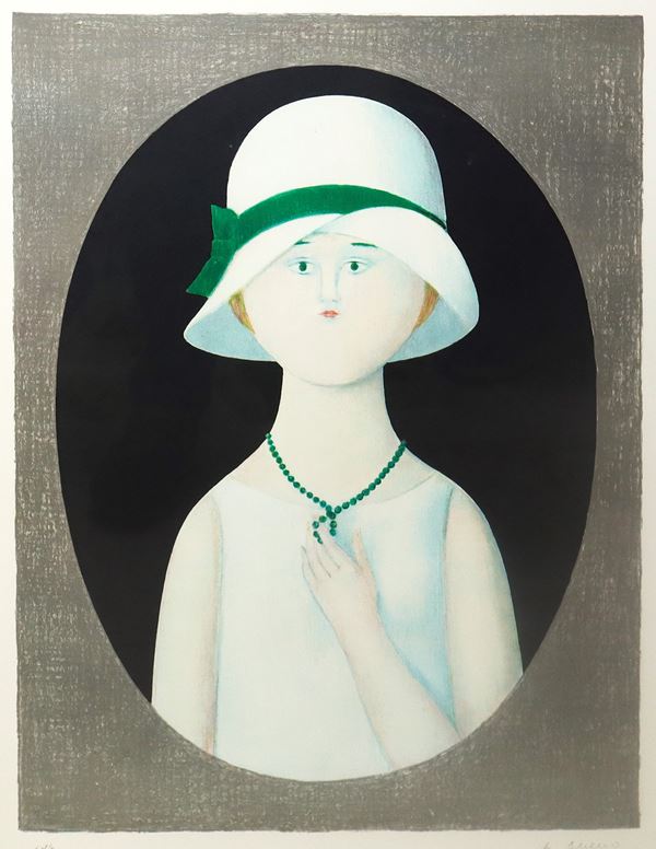 Antonio  Bueno - Donna con cappello e collana