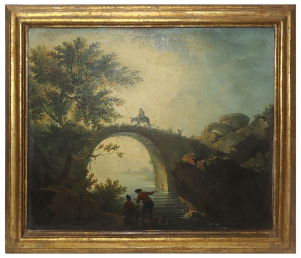 Paesaggio fluviale con ponte personaggi e torri