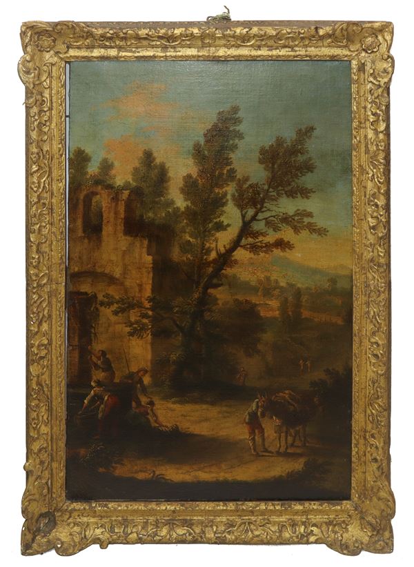 Francesco Zuccarelli - Paesaggio con alberi e personaggi in attività lavorative