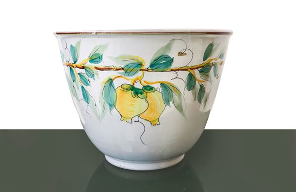 Large polychrome ceramic cachepot with lemon decorations