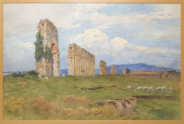 Paesaggio con ruderi romani e gregge al pascolo