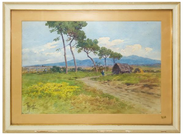 Paesaggio con alberi e capanna in campagna