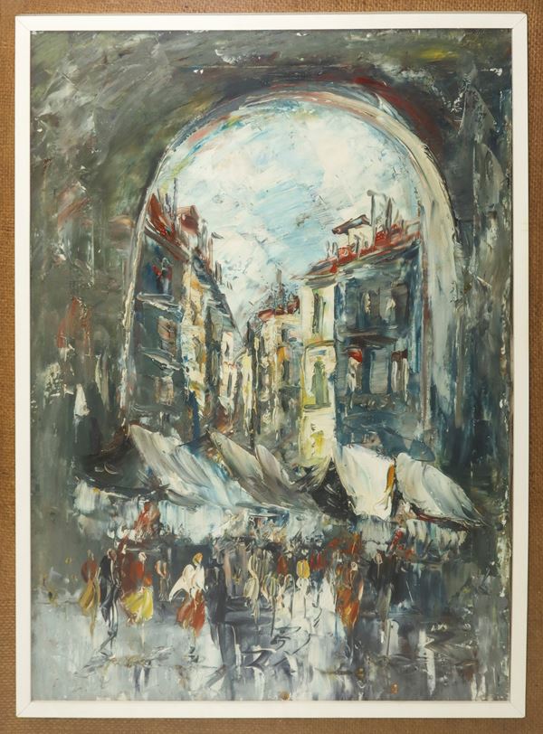 Glimpse of the city with the market under an arch