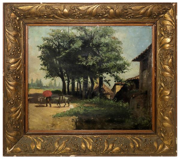 Landscape with houses and trees and man with donkey