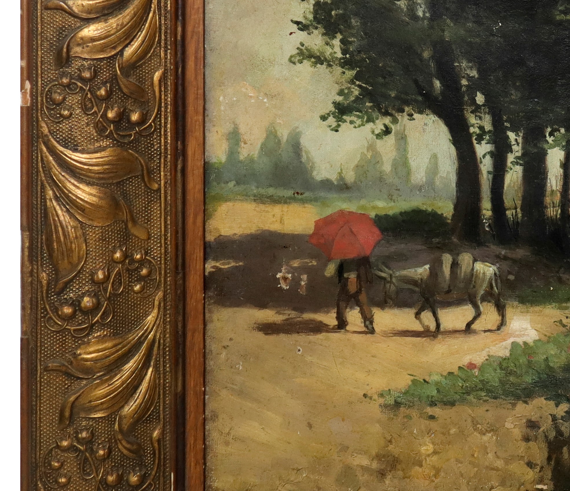 Paesaggio con Case e Alberi e Uomo con Asino