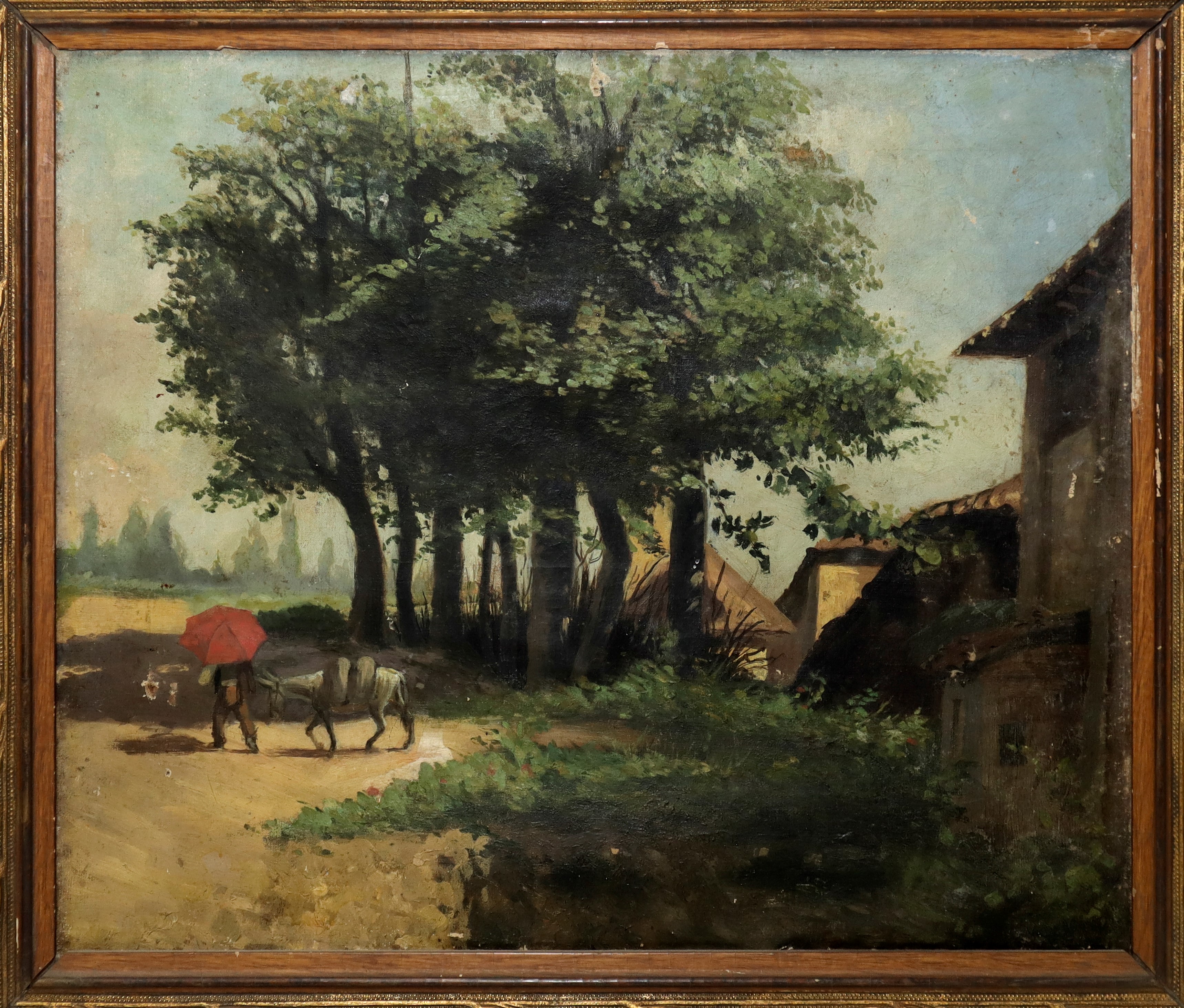 Paesaggio con Case e Alberi e Uomo con Asino