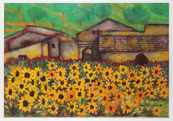 Donatella Maganuco - Field with houses and yellow daisies
