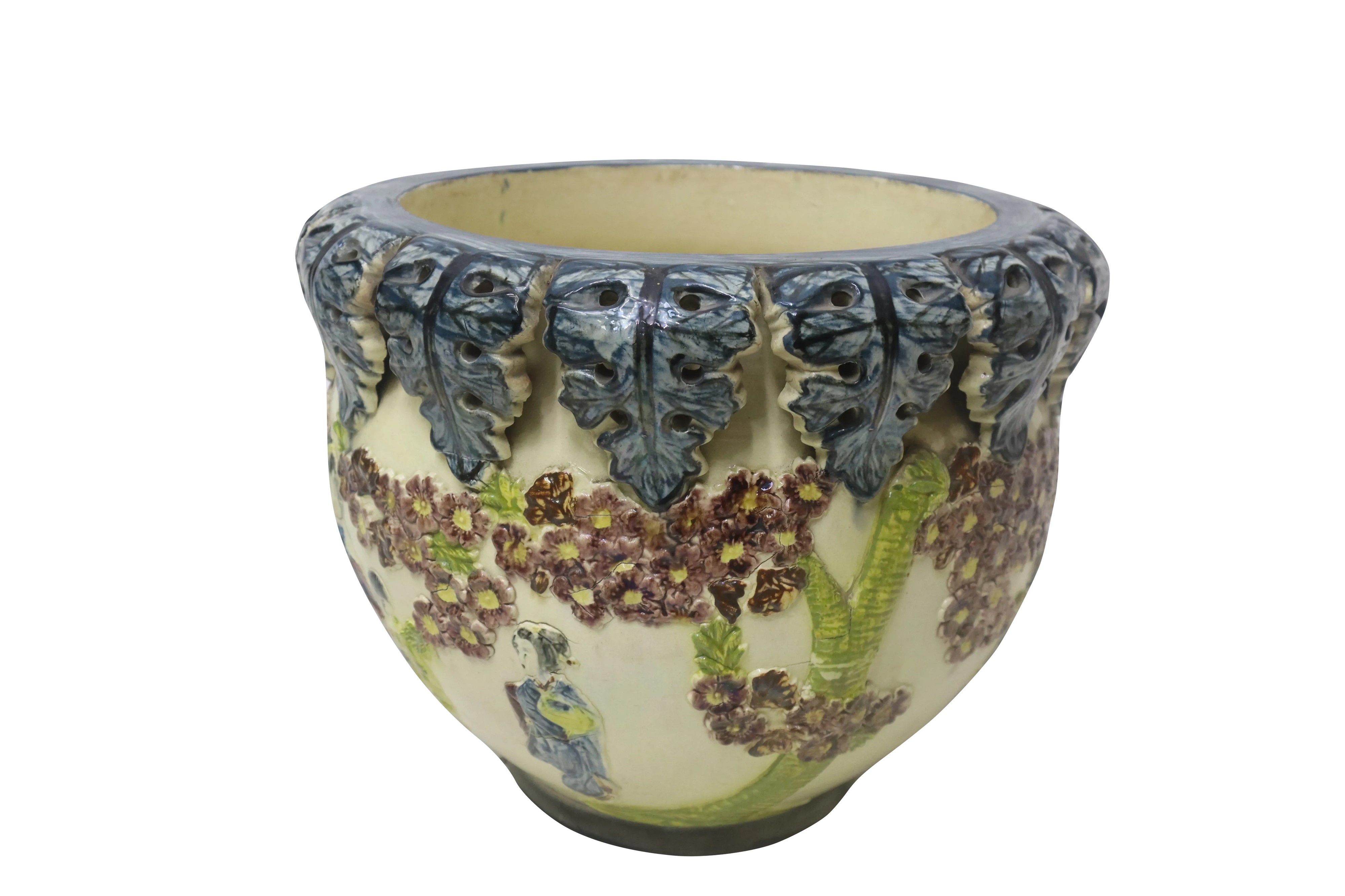 Cachepot con colonna in ceramica con motivi orientali.