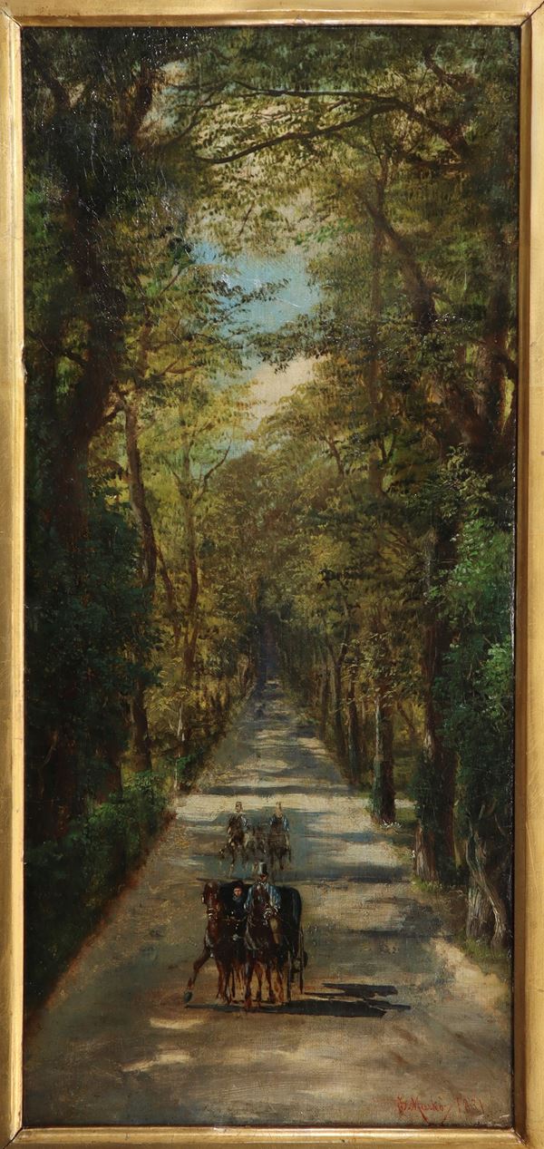 Passeggiata in carrozza lungo un viale alberato.