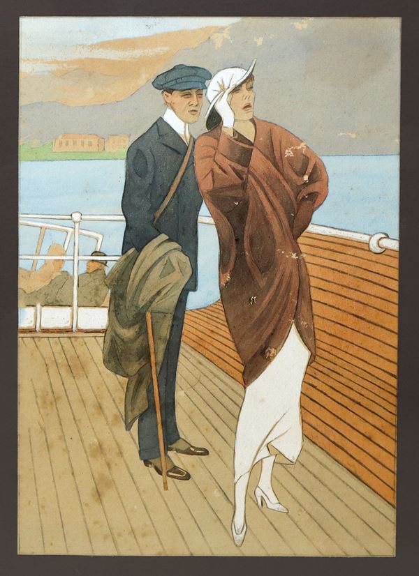 Marcello Dudovich - Elegante coppia di personaggi su nave, vintage