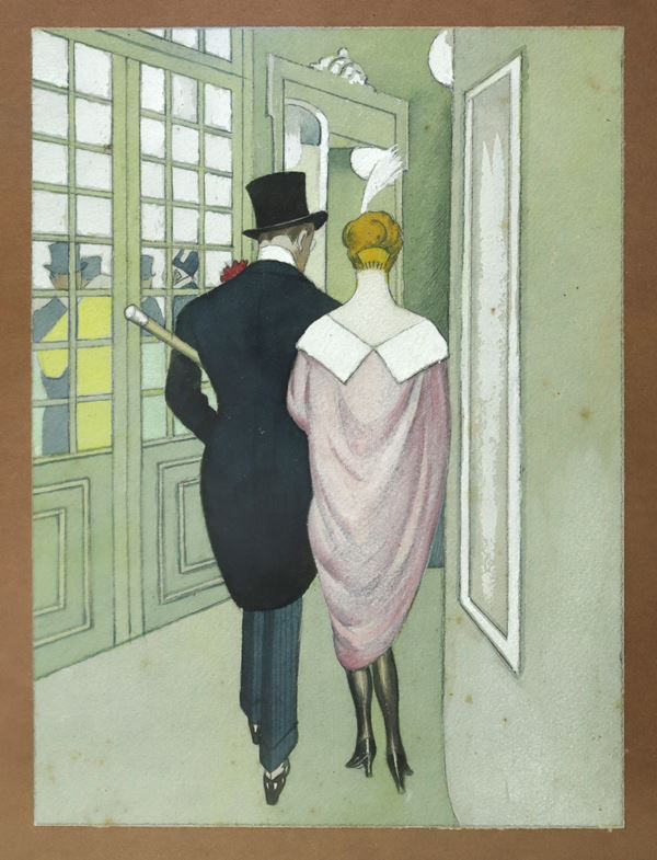 Marcello Dudovich - Elegant couple of characters from behind, vintage