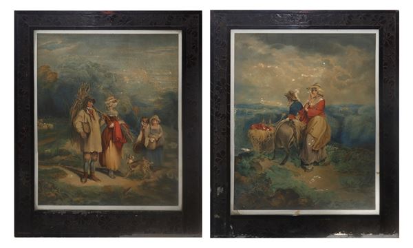Pair of prints with characters in a wooden frame with floral decorations