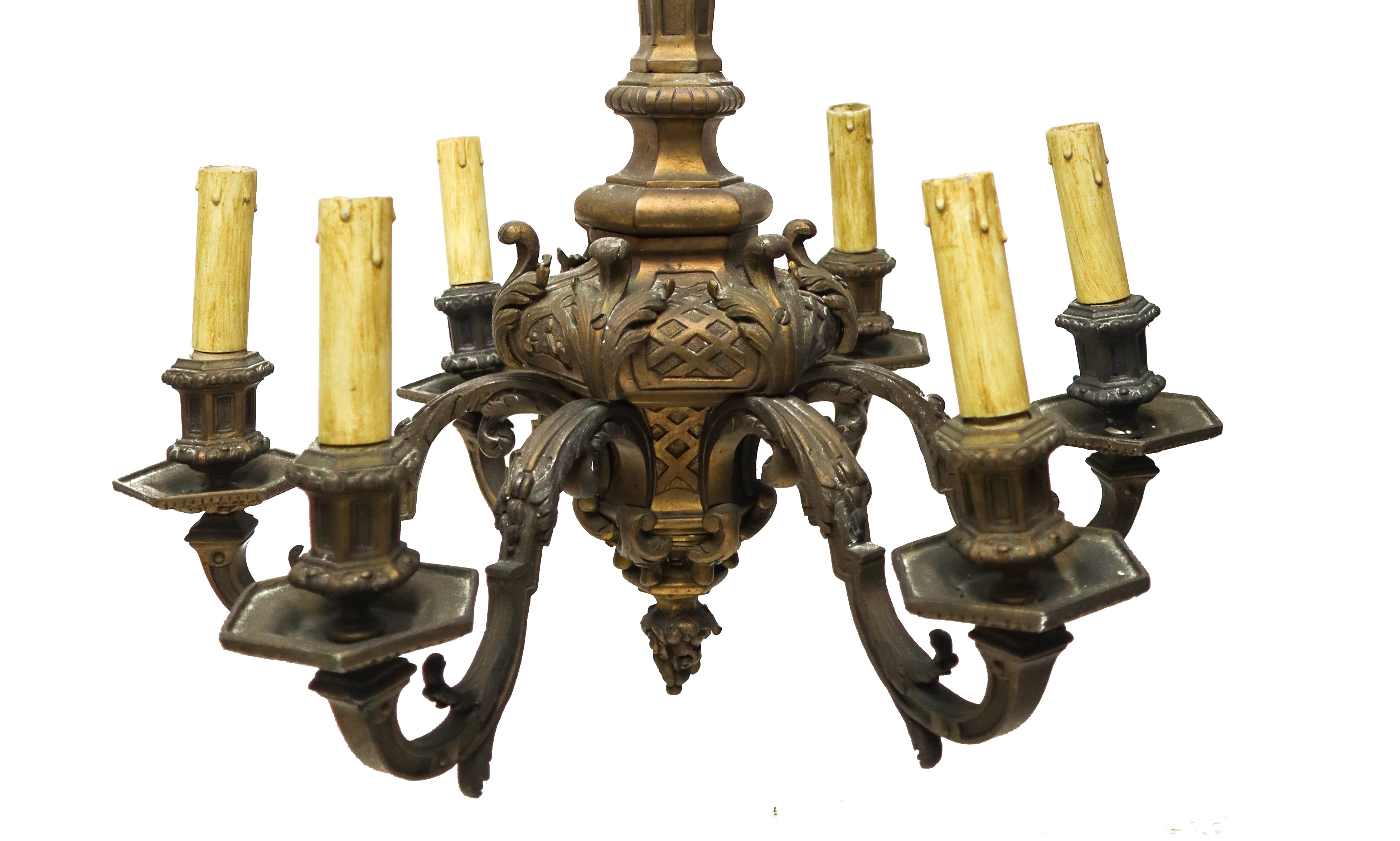 Lampadario a 6 luci in bronzo dorato