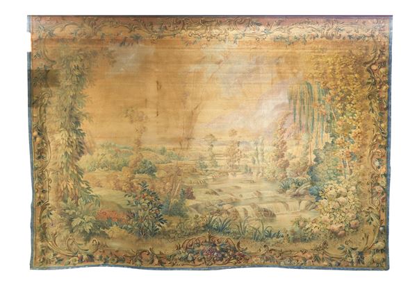Grass juice tapestry depicting river landscape with trees