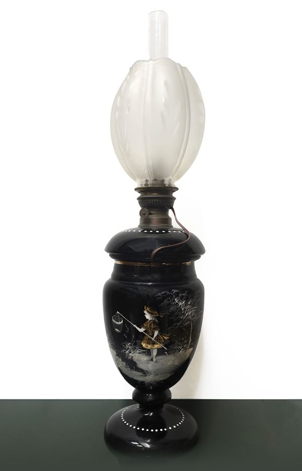 Majolica lamp with decoration depicting a girl with a basket