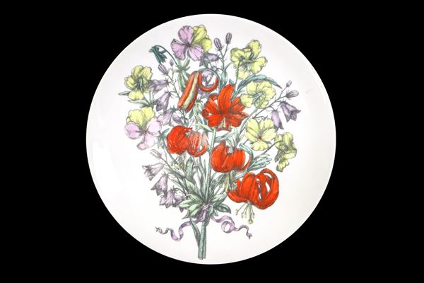 Piero Fornasetti - White porcelain plate, limited and numbered series (n°12) entitled "flowers"