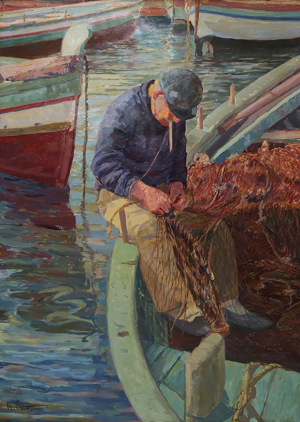 Roberto Rimini - Pescatore ad Acitrezza che rimaglia le reti