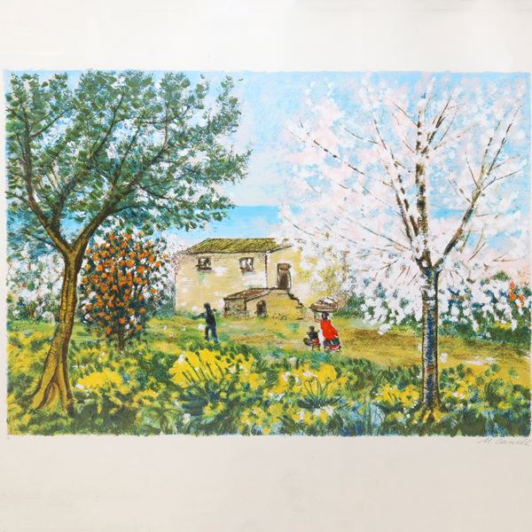 Michele Cascella - Casa con alberi e personaggi