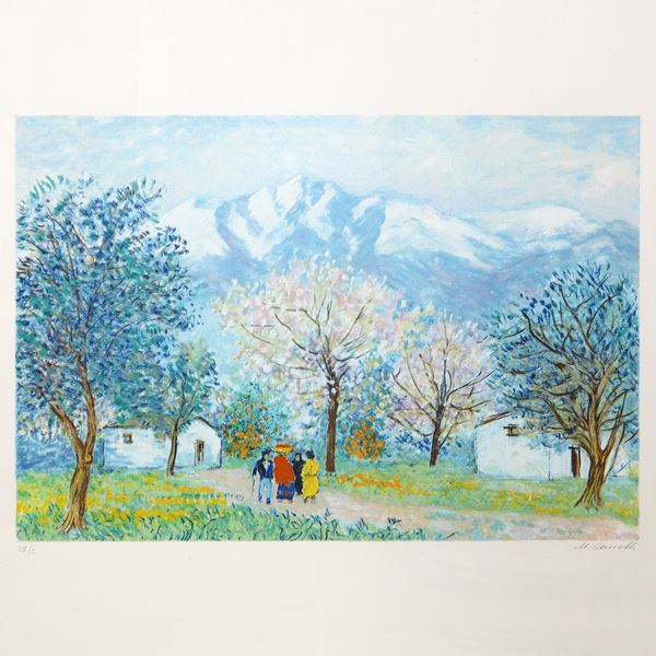 Michele Cascella - Casa con alberi e personaggi