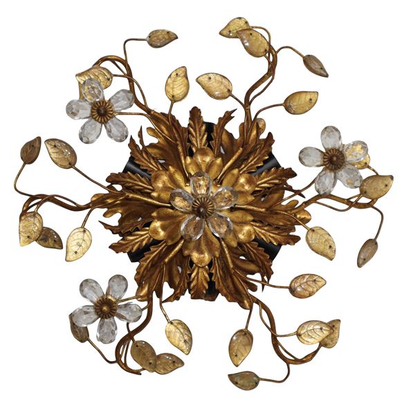 6 lights ceiling lamp in golden metal with cut crystals