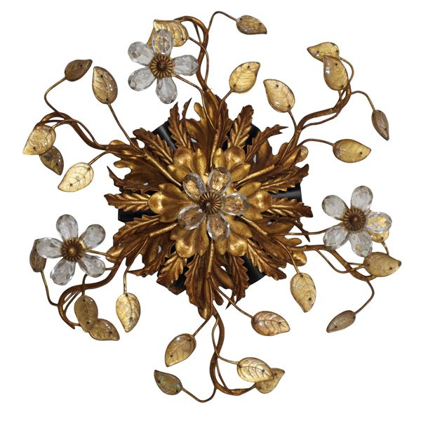 6 lights ceiling lamp in golden metal with cut crystals