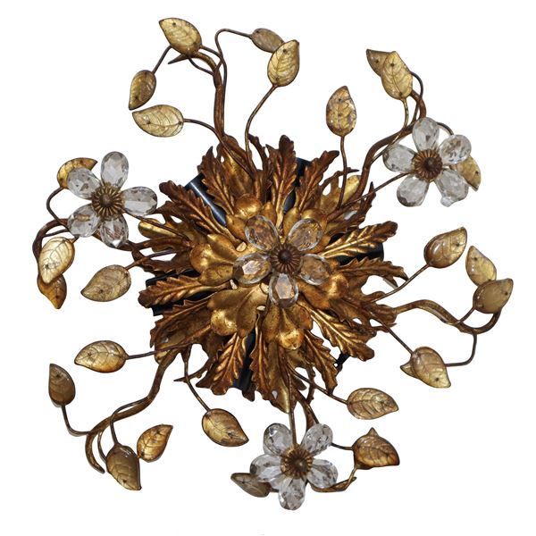 6 lights ceiling lamp in golden metal with cut crystals