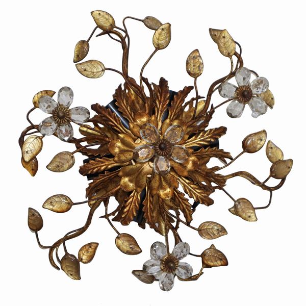 6-light ceiling lamp in gold metal with cut crystals
