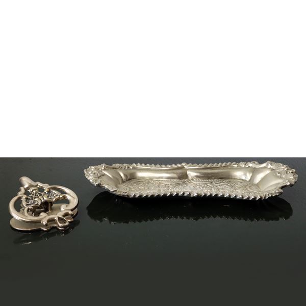 Pen holder and card holder in silver metal