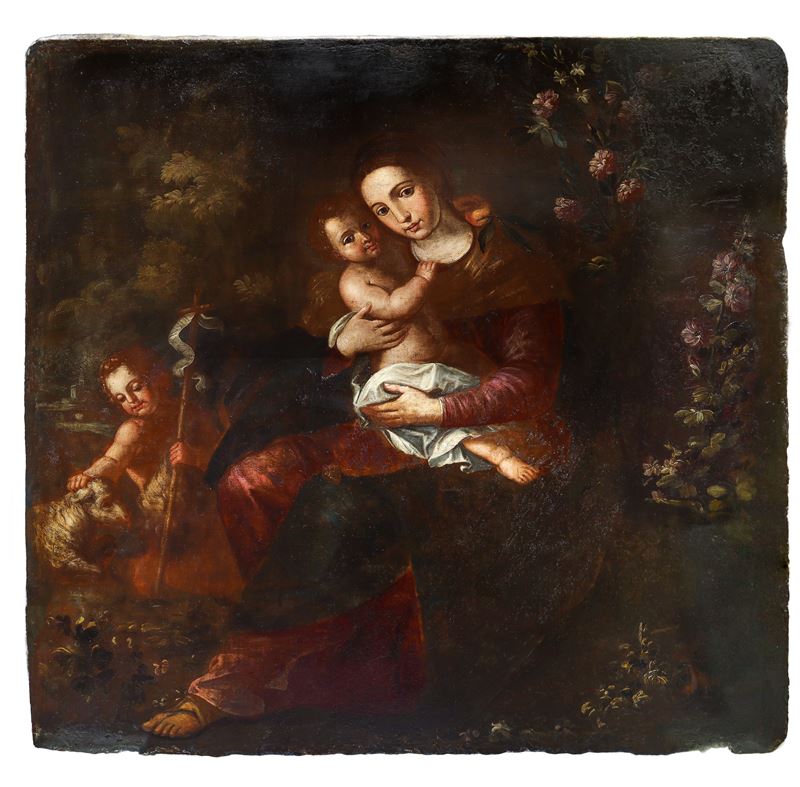 Grande dipinto su ardesia, Madonna della pesca con Bambino e S.Giovannino