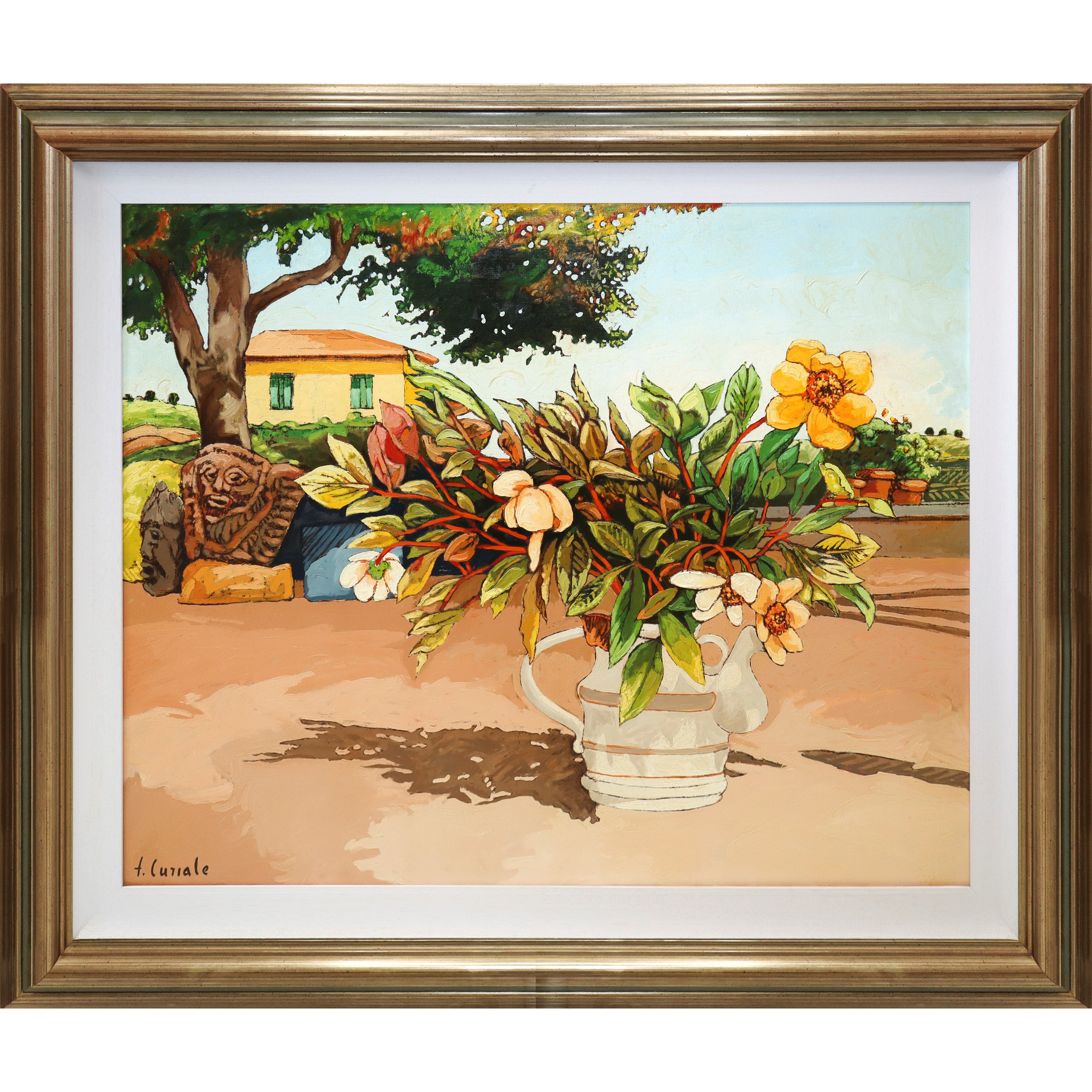 Vaso di fiori con albero e casa